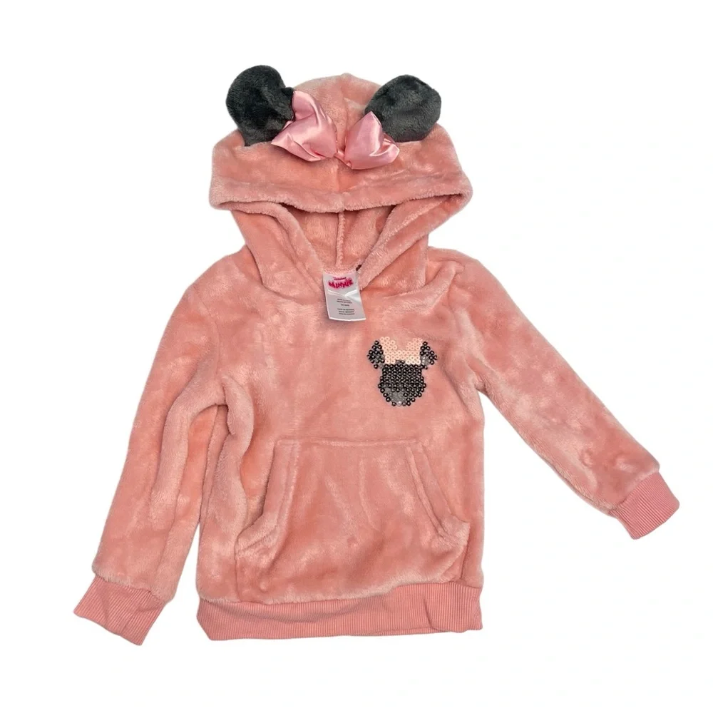 Disney Minnie Mouse Pink & Black Kids SOFT Fleece Faux Fur Hoodie | Girls 2T